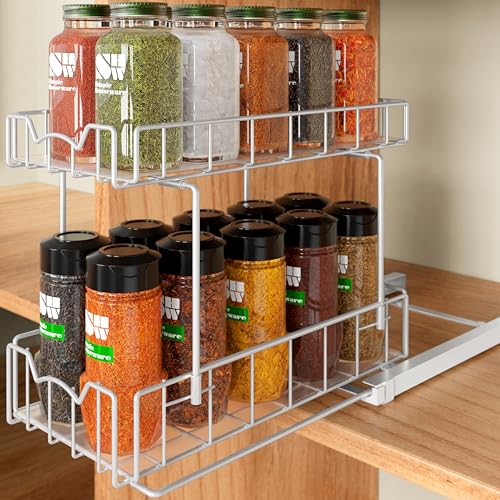 2 Tier Spice Rack Slide Out Wire Basket Drawer (White)