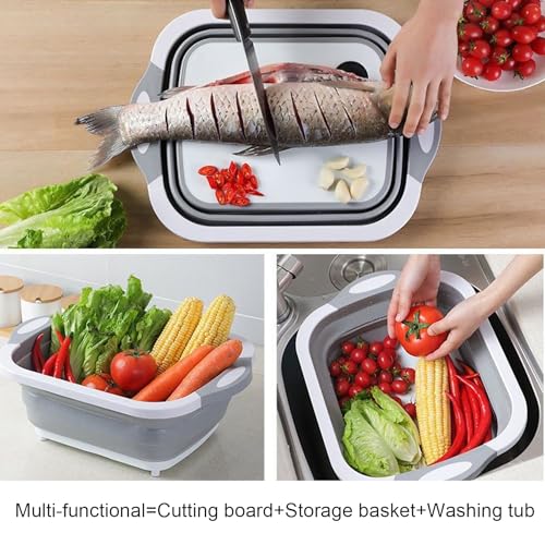 Camping Collapsible Cutting Board Dish Basin BBQ Prep Tub Camp Sink Dish Washing Station Multifunctional Storage Basket (Grey white)
