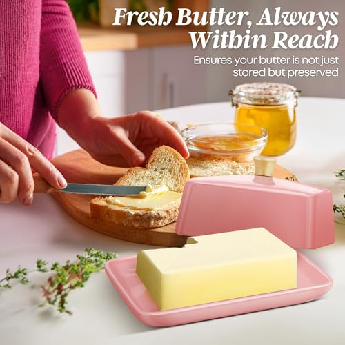 Large Ceramic Butter Dish with Lid for Countertop (Pink / Large)