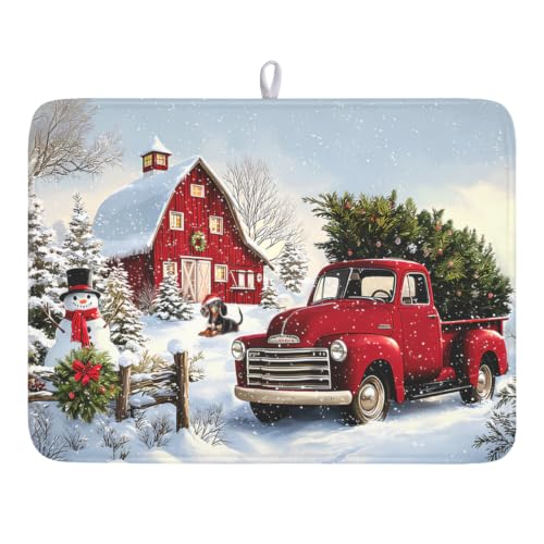 Red Truck Dish Drying Mat Winter Xmas Tree Drainer Rack Pad 18"x24" Microfiber Absorbent Quick Dry Dish Sink Mat for Table Kitchen Counter (Red Truck Snowman / 18x24 inch)