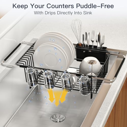 Expandable Dish Drying Rack Over Sink with Anti (Black / For 11.5"-16" W Sink with Cup Holder)