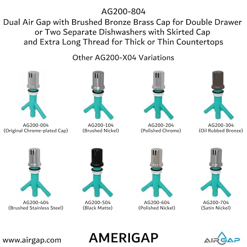Dual Air Gap with Brushed Bronze Brass Cap for Double Drawer or Two Separate Dishwashers with Skirted Cap and Extra Long Thread for Thick or Thin Countertops (AG200-804)