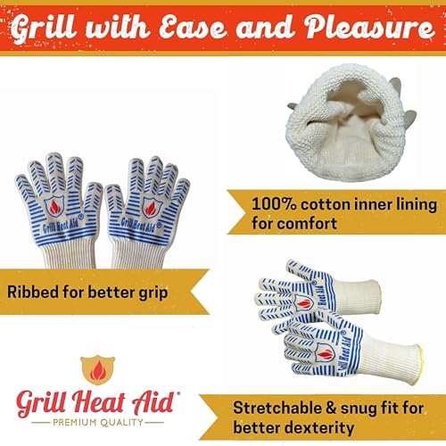 Grill Gloves Heat Proof for Men Grilling BBQ Heat Resistant Gloves (White & Blue / Mid Cuff - Small Palm)