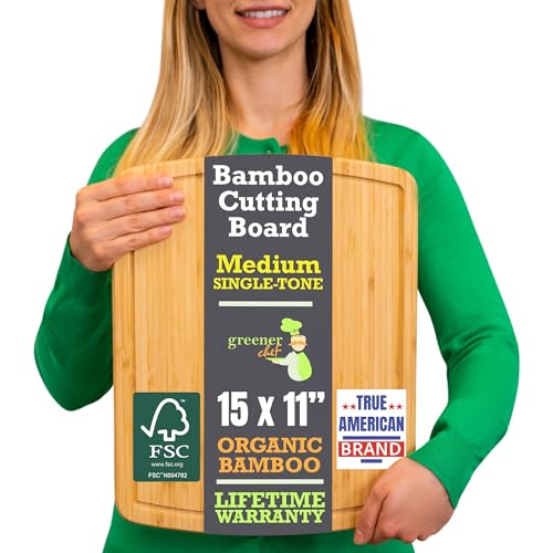 15 Inch Bamboo Cutting Board with Lifetime Replacements (Single-Tone / 15"L x 11"W)