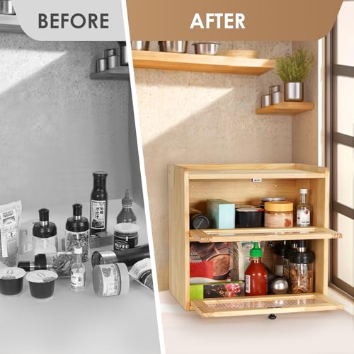 Bread Box for Kitchen Countertop Wooden Bread Storage Container Bin 2 Layer Breadbox Holder Large Capacity Keeper Vintage Farmhouse Food Organizer Pantry Shelf Acrylic Window（Wood color） (Yellow)