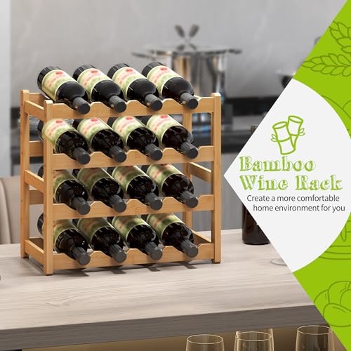 Bamboo Wine Rack Wine Storage Cabinet Shelf 16 Bottle Wine Racks Countertop Sturdy for Kitchen Dining Room Pantry (Natural / 4 Tier)