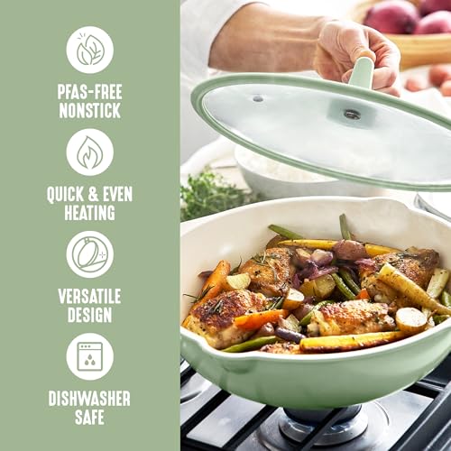 Nonstick 12” 5QT (12" Deep Skillet with Lid / Sage Green)