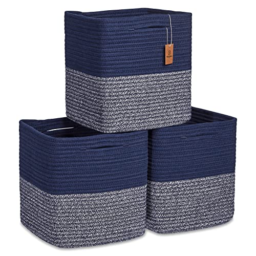 Storage Cubes 11 Inch Cotton Rope Woven Baskets for Organizing (Dark Blue & Mixed Dark Blue)