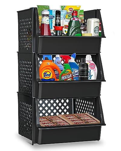 XLarge Stackable Storage Bins Open Front for Pantry Storage (3 Pack - XLarge / Black)