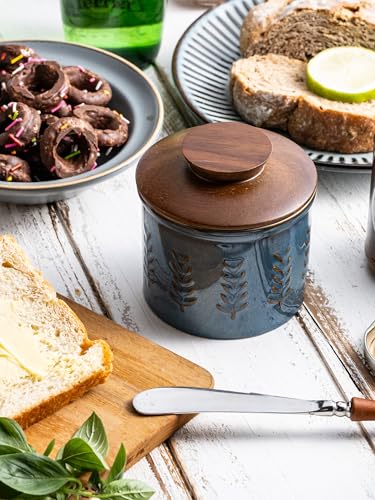 Ceramic Butter Crock with Lid for Countertop (Blue / Leaf-3.94"dia)