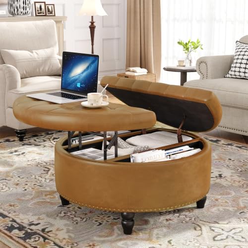31.5 Inch Large Round Ottoman with Storage Circular (Camle)