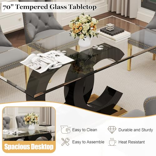 7 Piece Glass Dining Table Set for 6 (Black Table & Gold Grey Chair / 7-Piece Set-OC-Shaped Table)