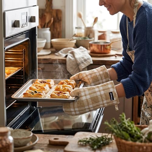 Oven Mitts Heat Resistant Kitchen Gloves (Oven Gloves / Franca Beige Checks)