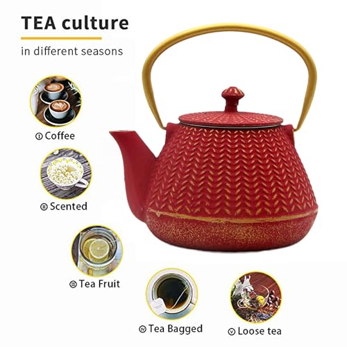 Small Cast Iron Tea Kettle for Stovetop Safe (Red, 1000ml/34oz)