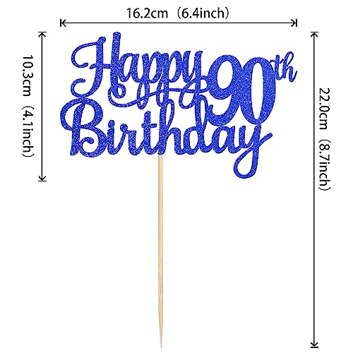 1 PCS Happy 90th Birthday Cake Topper Glitter Cheers to 90 Years Birthday Cake Pick Ninety 90 Fabulous Cake Decoration for Happy 90th Birthday Theme Party Decorations Supplies Blue (Blue / 90th)