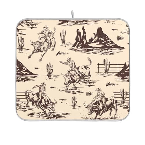 West Cactus Cowboy Dish Drying Mat for Kitchen Counter Absorbent Microfiber Drying Pad (18" x 18")