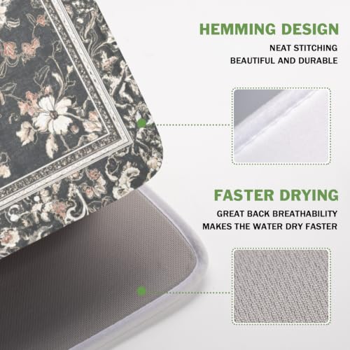 Boho Floral Dish Drying Mat Grey Leaves Dishes Drainer Pad 16x18 Inch Microfiber Absorbent Kitchen Dry Rack Mat for Counter Tableware Decor (Grey Boho Floral / 16x18 inch)