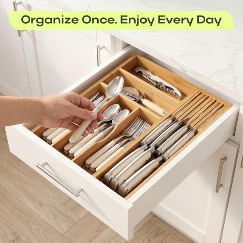 Drawer Organizer with Knife Block for Kitchen Organization (Natural / 6 Slot)