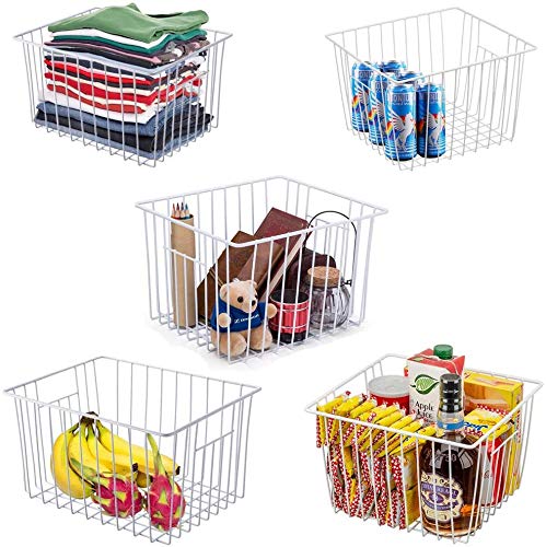 11'' Farmhouse Freezer Food Storage Organizer Baskets Modern Refrigerator Metal Wire Basket Bin with Built (White-6pack / 11''L X 10''W X 7''H)