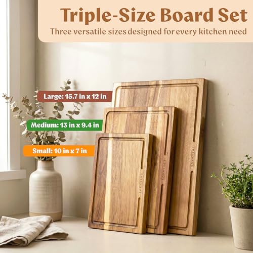 Acacia Wood Cutting Boards for Kitchen Set of 3 (Acacia One Side)