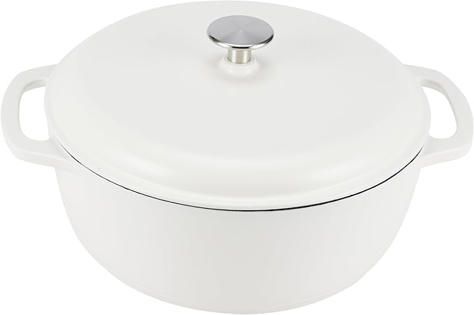 Amazon Basics Enameled Cast Iron Dutch Oven Pot with Lid, Round, Dual Handles, Heavy-Duty, Oven Safe for Stews, Roasting, Baking, 6-Quart, Matte White