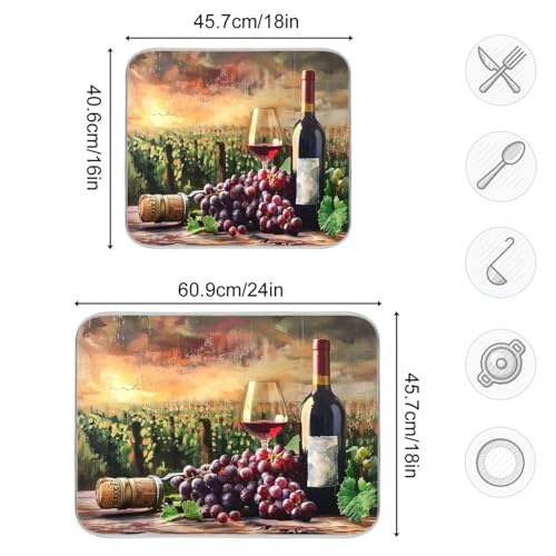 Grapes Wine Glass Bottle Dish Drying Mat for Kitchen Counter Absorbent Microfiber Drying Pad (18" x 18")