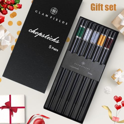 5 Pairs Premium Chopsticks Reusable Dishwasher Safe 9.5 Inch Fiberglass Chop Sticks Gift Set Non Slip Multi Color (Classic)