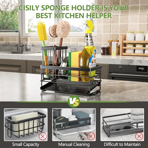 Sink Caddy Sponge Holder for Kitchen with Brush Holder and Stainless Steel Self Drain Tray (8.26'' / Black)