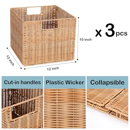12X12X10in Plastic Wicker Storage Basket (Natural)