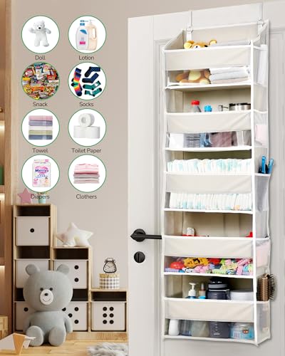 1 Pack Over Door Organizer with 5 Large Pockets 10 Mesh Side Pockets (Beige / 1 Pack-5 Tier)