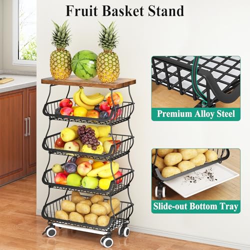 5 Tier Fruit and Vegetable Basket Stand for Kitchen (Black / 5 Tiers)