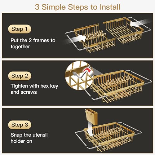 Gold Dish Drying Rack Over the Sink with Utensil Holder (Gold / For 12.5"-30"w Sink, Expandable)