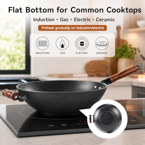 12.6 Inch Cast Iron Wok with Wooden Lid (12.6 Inch)