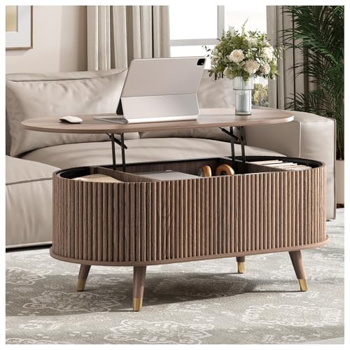 Oval Lift Top Coffee Table with Storage for Living Room (Warm Walnut)