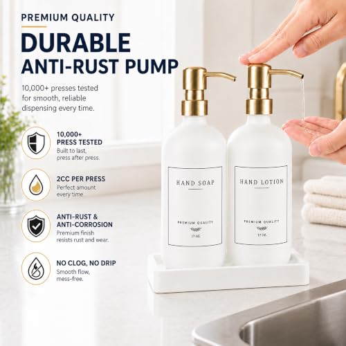 Thick Glass Soap Dispenser (White Bottle/Gold Pump + Tray + Funnel)