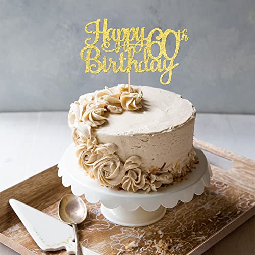 1 PCS Happy 60th Birthday Cake Topper Gold Glitter Cheers to 60 Years Birthday Cake Pick 60 Fabulous Cake Decoration for Happy 60th Birthday Anniversary Party Decorations Supplies (Gold / 60th)