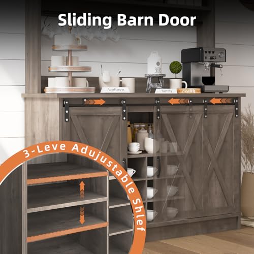 47" Farmhouse Coffee Bar with Storage Hutch & Wine Rack (48Inch / Grey)