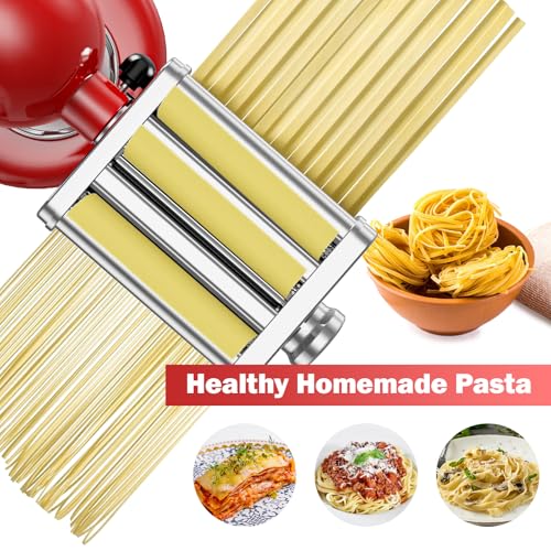 3-in-1 Pasta Attachment for KitchenAid Stand Mixers, Roller & Cutter (Metallic Silver)