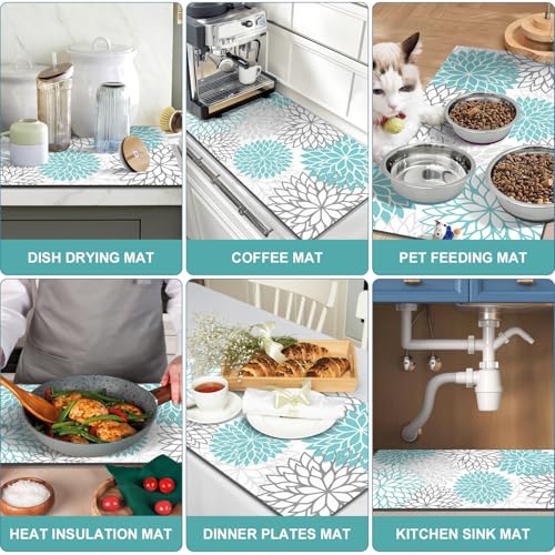 2Pcs Dish Drying Mat & Sink Splash Guard (Teal / 17" X 32" + 24" X 5.5")