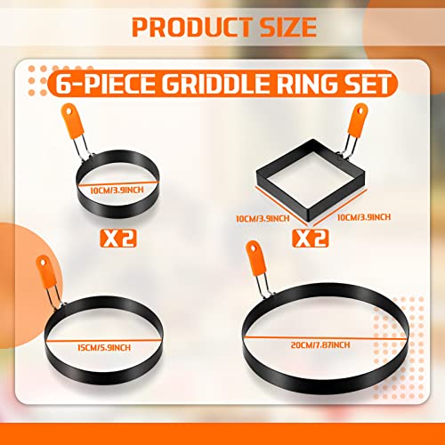 6 Pcs Egg Ring Pancake Ring Set Stainless Steel Fried Egg Molds Griddle Pancake Shapers with Silicone Handle for Breakfast Omelette Sandwich (Square, Round / 4 inches, 6 inches, 8 inches)