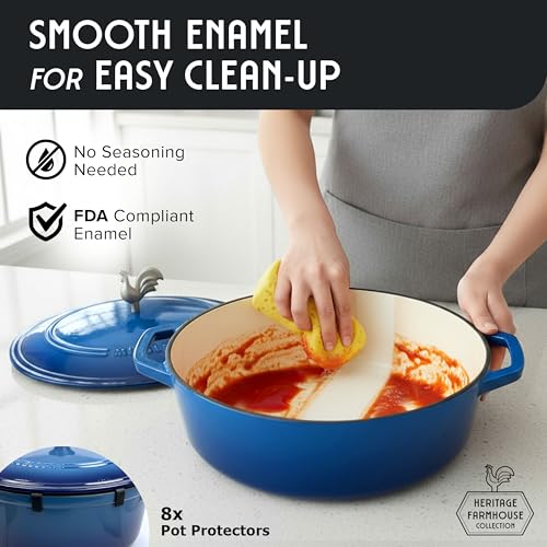 MUELLER HOME 5.5 Quart Enameled Cast Iron Oval Dutch Oven w Rooster Knob & Cotton Potholders (5.5 Quart -Oval / Aqua Blue)
