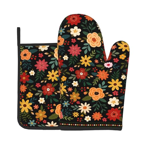Boho Floral Oven Mitts and Pot Holder Set of 2 Colorful Flower Heat Resistant Hot Pads Non Slip Washable for Kitchen Cooking Grilling BBQ (Black Floral)