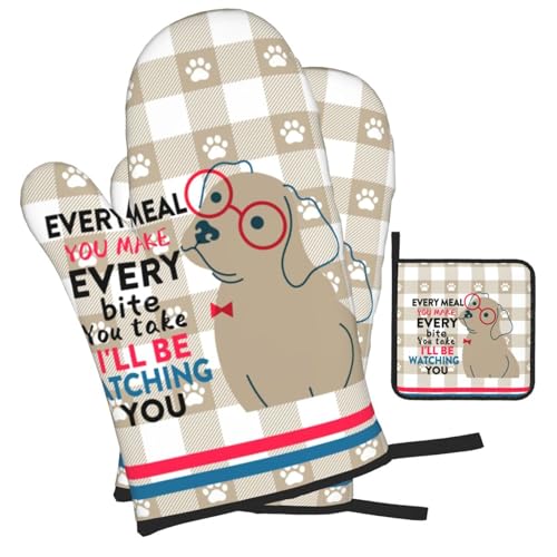 Funny Dog Oven Mitts and Pot Holders Sets of 3 Cute Oven Gloves (Funny Dog)