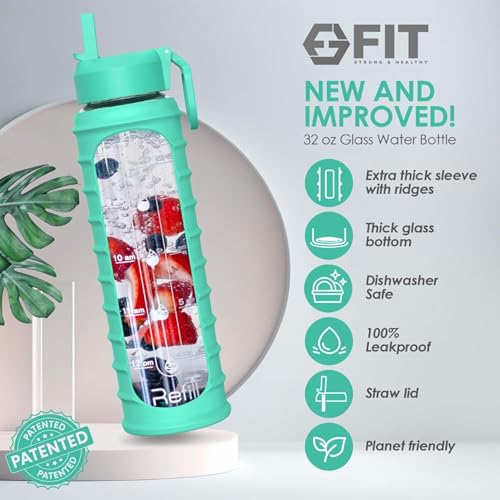 32 oz Glass Water Bottle with Time Marker (Ribbed Seafoam Sleeve)