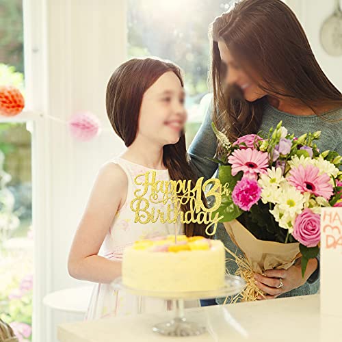 1 PCS Happy 13th Birthday Cake Topper Gold Glitter Cheers to 13 Years Birthday Cake Pick Official Teenager 13 Fabulous Cake Decoration for Happy 13th Birthday Theme Party Decorations Supplies (Gold / 13th)
