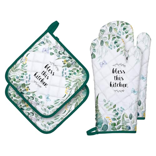 Eucalyptus Leaf Oven Mitts and Pot Holders Set (Eucalyptus / Oven Mitt x2 & Pot Holder x2)