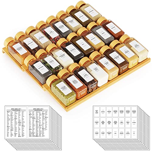 Bamboo Spice Drawer Organizer with 24 Spice Jars