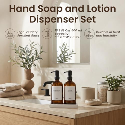Bathroom Soap Dispenser Set (Amber Bottles Black Pumps)