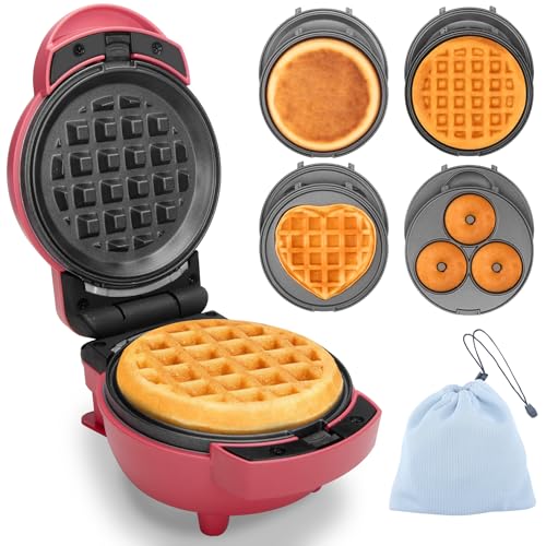 4 in 1 Mini Waffle Maker with Removable Plates (Red)