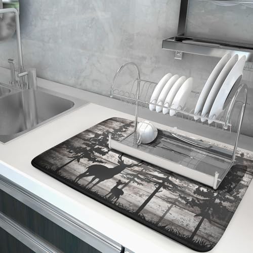 Forest Deer Dish Drying Mat Wildlife Animal Decorative Microfiber Dishes Pad 18x24 Inch Absorbent Reversible Kitchen Counter Drainer Mats (Black Forest Deer / 18" x 24")